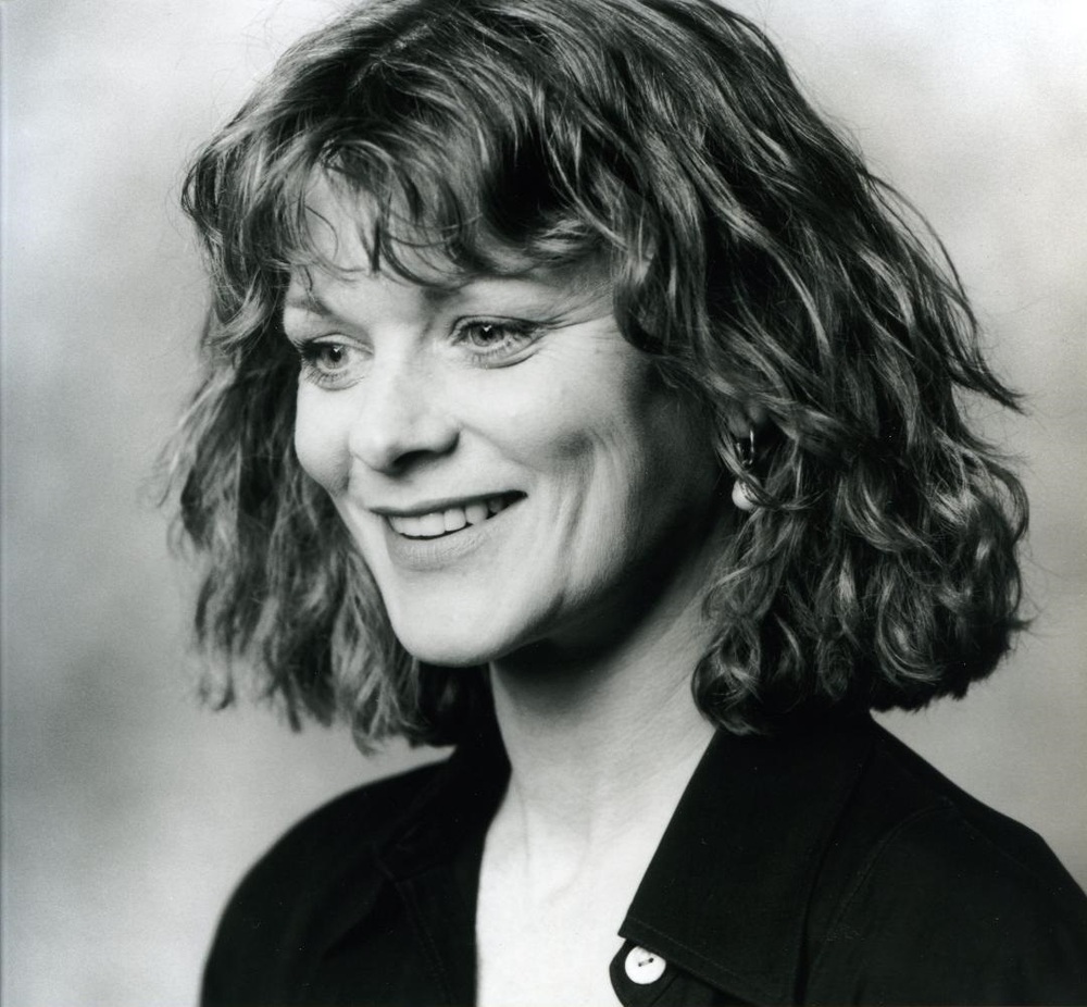 Black and white photograph of the actor Samantha Bond